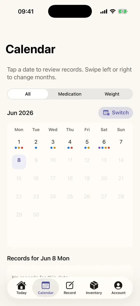 Penzy calendar review screen